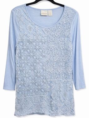 Chico's Pale Blue Long-Sleeve Embroidered Scoop Neck Top
